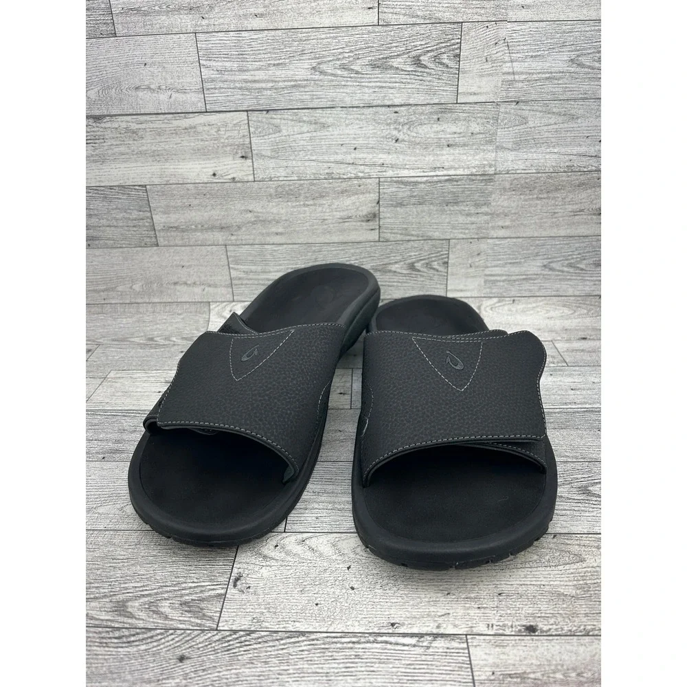 Olukai Nalu Slide Black Adjustable Strap Sandals 10332-4040 Men Sz 10